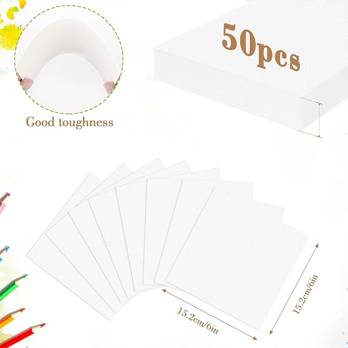 50PCS 6x6 Watercolor Paper Bulk, 140lb/300g Cold Press Thick Water Color Paper Pad for Kid Child Adult, White Art Paper for Drawing Painting Markers Gouache, Textured Cotton Paper Sheets