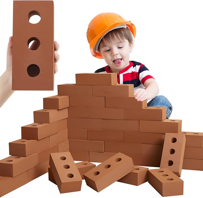 Deekin 80 Pcs Foam Brick Building Blocks for Kids Thick Blocks Foam Large Fake Brick Construction Toy for Stacking Construction, 8 x 4 x 2.4 in (Circle Holes)