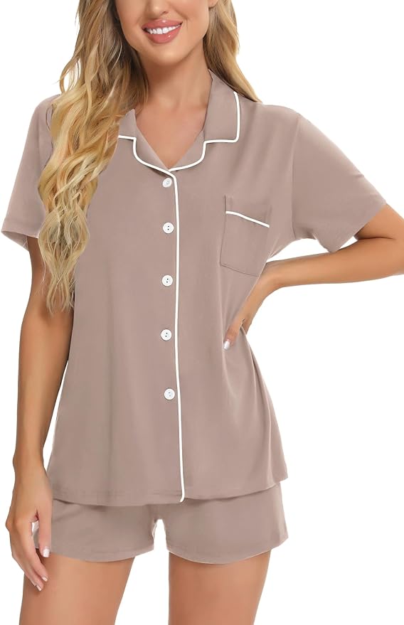 SWOMOG Womens Button Down Pajamas Set Short Sleeve Sleepwear Bride Soft Pj Lounge Sets XS-3XL
