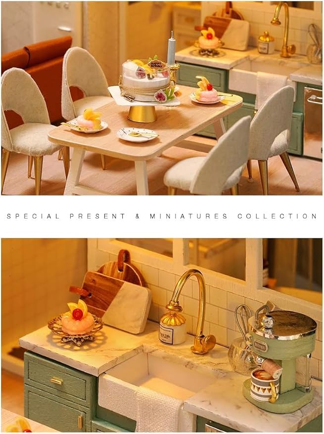 CUTEROOM DIY Miniature Dollhouse Kit with Furniture,Wooden Doll House with Music Movement & LED Lights, DIY House Kit Christmas Birthday Gifts - Comfortable Life