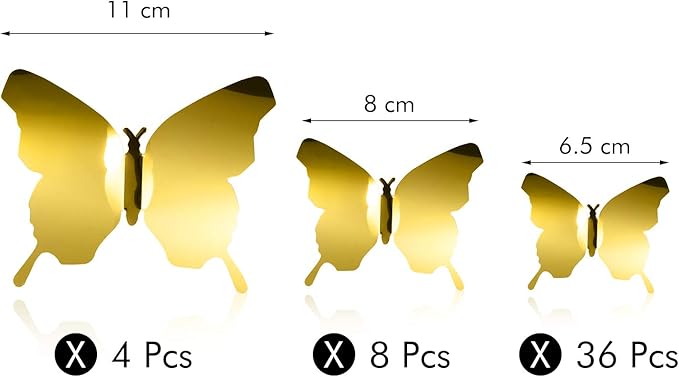 BBTO 48 Pieces Butterfly Wall Decor DIY Mirror 3D Butterfly Stickers Removable Decals for Home Bedroom School Bathroom Living Room Decor(Gold)