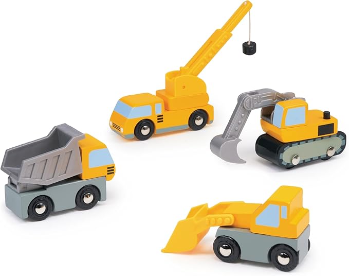 Mentari Toys - Building Vehicles - 4pc Wooden Construction Vehicles with Interactive, Moving Parts - Toy Truck Set for Action-Packed Imaginative Play - Develop Motor Skills and Coordination - Age 3+