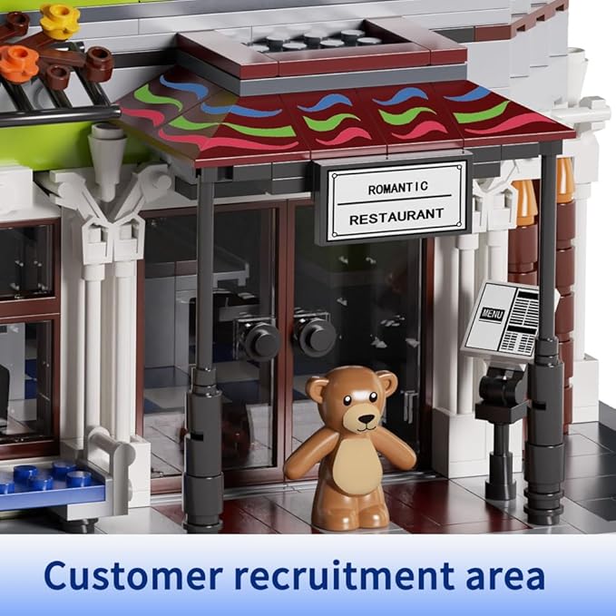 Romantic Restaurant Building Toys, Flowers City Hotel House Building Kit with Bear Mini Bricks, City Street House Construction Toys, 2107Pcs Mini Bricks