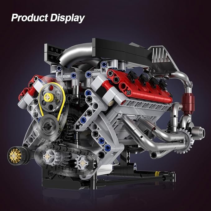 39008 V8 Engine Model Kit, Runnable, Build Your own STEM Visible Mini V8 Engine Model Kit with Lights, Adult and Adolescent Physics Science Experiment Building Block Set (700 Pcs)