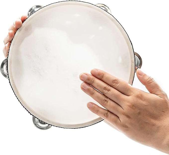 Musfunny Tambourine Hand Held Drum with Double Row Jingles, 8 inch Tambourines Metal Bell Hand Percussion for Adults Church Party (8 inch Natural)
