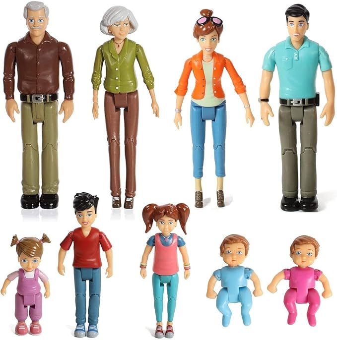 Beverly Hills Sweet Li’l Family Bendable Doll House Figurines Set of 9 - Grandpa, Grandma, Mom, Dad, Sister, Brother, Toddler, Twin Boy & Girl