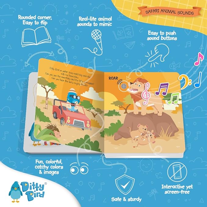 Ditty Bird Safari Book for Toddlers | Realistic Animal Sound Book | Interactive Safari Board Books for Toddlers 1-3 | Sensory, Musical Books for Animal Lovers | Sturdy Nursery Rhyme Toys for Baby