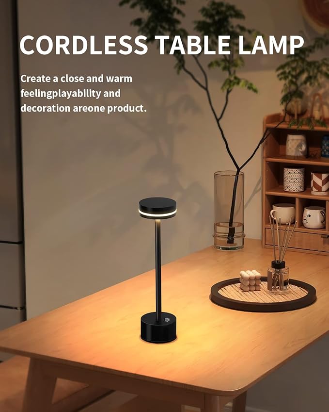 PUSU Cordless Table Lamp Set of 2, Battery Powered LED Desk Lamp Portable Table Lights 3-Level Brightness Touch Control, Lighting for Home Office Bedroom Hotel Restaurant Outdoor Night Light(Black)