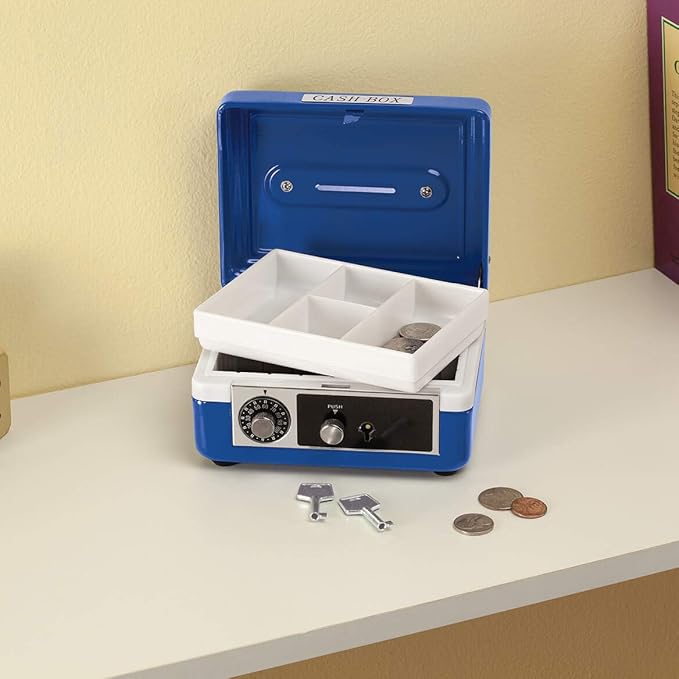 Custom Children’s Cash Box, Metal Piggy Bank Lockbox with Coin Slot, Blue