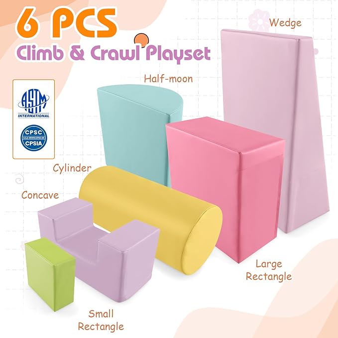 Costzon Toddler Climbing, 6 Pieces Climb and Crawl Playset with PU Cover for Baby Crawling, Climbing & Walking, Indoor Foam Climbing Blocks for Toddlers 1-3, Light Pink