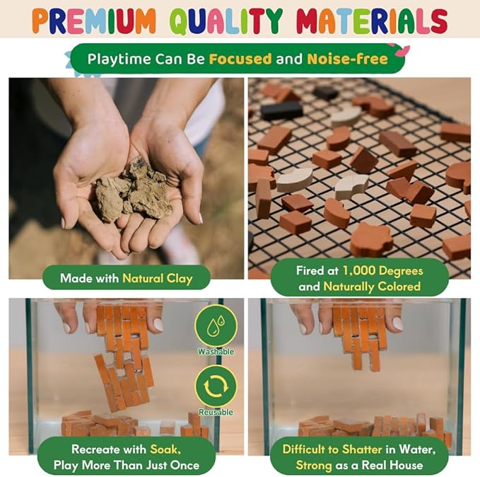 Real Red Clay Mini Bricks Sets, Construction Education Toy for Kids 6+ Years Old, Craft Bricks for Adults, Realistic House, DIY Garden, STEM Building Set, Washable & Reusable | Rectangle Brick (50pcs)