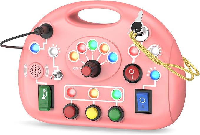 Montessori Busy Board, Busy Board with LED Light for Toddlers 2-4 Year Old, Baby Sensory Board Toddler Travel Toys for Kids My Preschool Busy Book Boy and Girls Birthday Gifts (Pink)