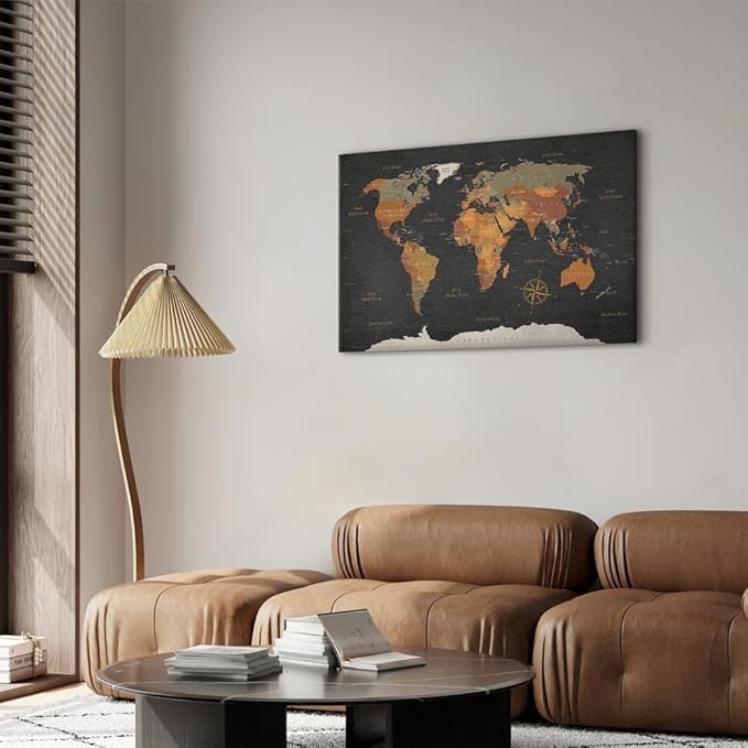 artgeist Acoustic Canvas Wall Art Print World Map 35x24 in - 1pcs Picture with Acoustic Foam Sound Print Artwork Room Acoustics Soundproofing Poster Map of The World World Travel Map k-C-0048-b-c