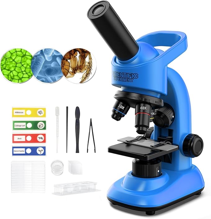 Microscope for Kids Scientific Experiment Kit 40X-1600X Magnification LED Light Educational STEM Kit with Slides and Lab Tools (Blue)