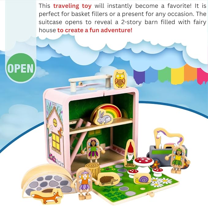 Suitcase Playset(Fairy House) by Jack Rabbit Creations-17 Piece Set-Portable Play Toys-Includes Fairies,Animals ,Gnome Bridge and Car-Made of Eco-Friendly Bamboo- Ages 3+ Years