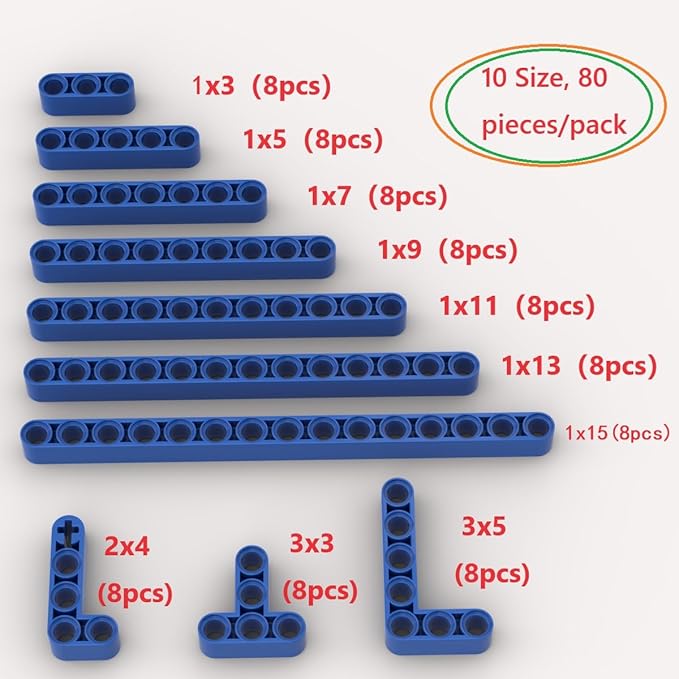 Blue Liftarms Thick Bulk Assortment Pack, 80 Pieces Blue Liftarms Beams with 10 Size, Compatible with Lego Parts and Pieces(Color: Blue), A0001