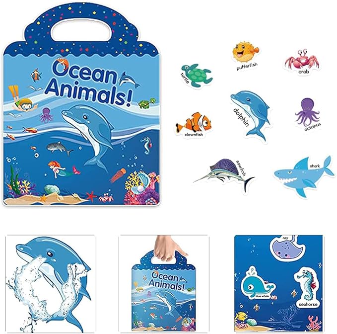 Reusable Sticker Book for Kids, 5 Sets Educational Learning Toys Travel Stickers Activity Books for Toddler Girls Boys Age 3+ Birthday Gifts - Fairy, Ocean, Farm, Dinosaur & Animals