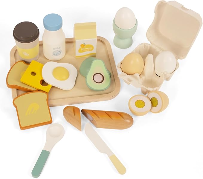 Wooden Play Food Sets for Kids Kitchen, Food Toys for Toddlers 3+ Year Old, Pretend Food Play Kitchen Accessories, Cutting Food Gift for Boys Girls