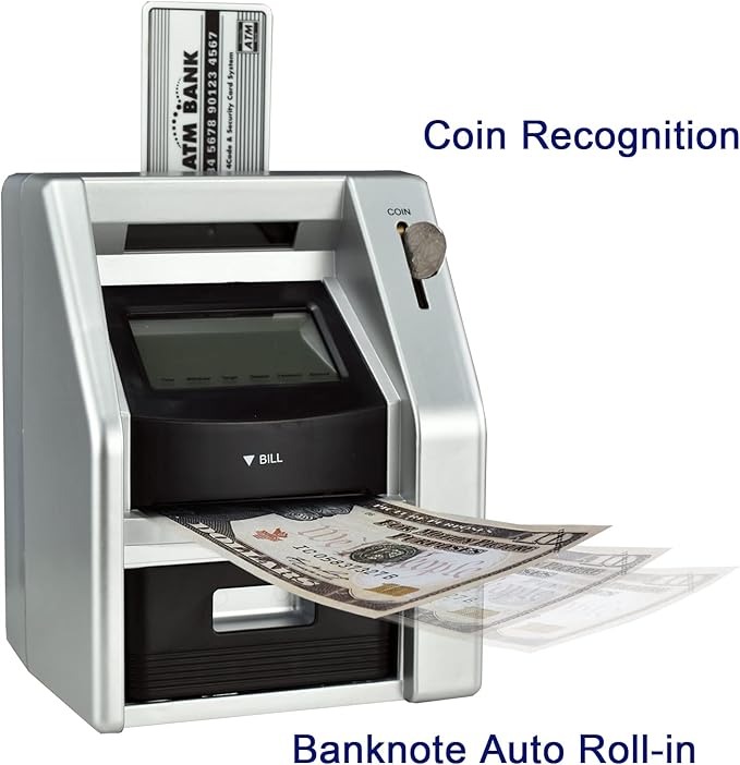Touchscreen ATM Piggy Bank for Kids, Electronic Money Bank with Coin Counter, Card & Password, Backlit Display – Compact Savings Toy Gift for Boys & Girls Ages 6–12 (Black/Silver)