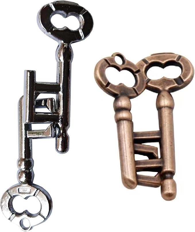 Brain Teaser 3D Unlock Interlocking Metal Hole Lock Puzzle - Adult Educational IQ Toy (Gold Silver Key)