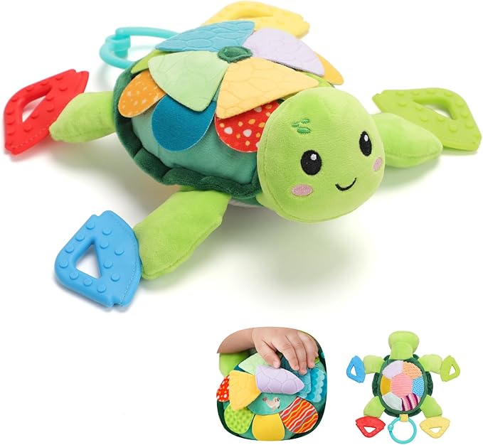 Turtle Baby Sensory Toy, Flip Scales & Multi-Textured Belly Montessori Activity Toy with Rattle Squeaker Teethers, Tummy Time/Crib/Stroller Toy,Educational Toy for 0-3 Years Newborn to Toddler