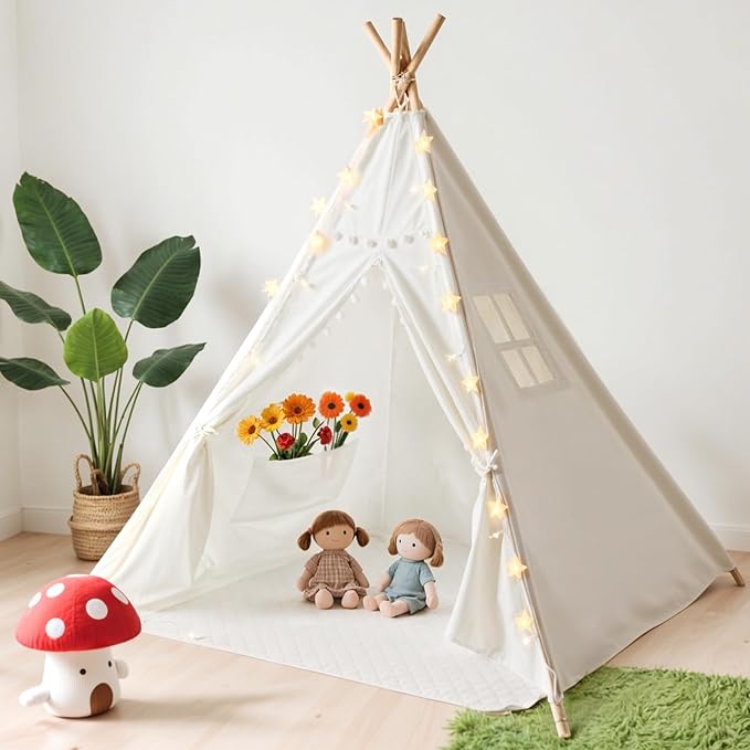 Teepee Tent with Starry Lights, Ground Mat and Pockets, Kids Teepee Tents for Indoor & Outdoor Use, Foldable Play Tents for Boys & Girls, Washable Toddler Play Tent for Birthdays & Holidays