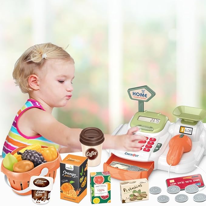 Pretend Play Cash Register Toy with Functional Caculator Cashier Scanner Toy Supermarket with Simulate Food Fruit etc Kids Grocery Store Play Money Food Shop Toy Educational Playset for Kids