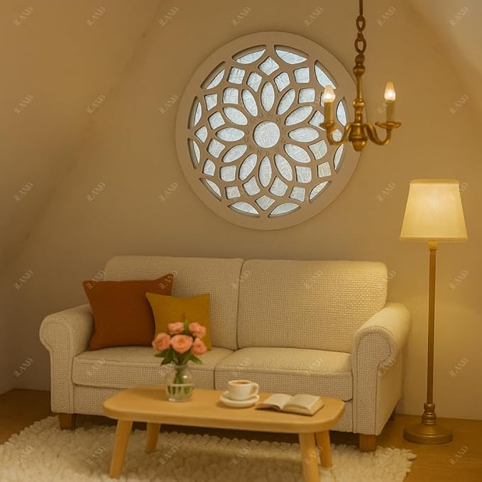 iLAND 1/12 Scale Accessories of Dollhouse Windows, Wooden DIY Dollhouse Building Supplies, Complete Miniature Windows Kit w/Wooden Frame & Grid Pattern PVC Film