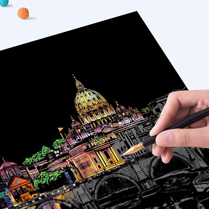 Scratch Art for Adults Kids, Rainbow Painting Night View Scratchboard(A4), Crafts Set: 8 Sheets Scratch Cards with 6 tools in Bag - Fireworks, Big Ben, Cristo Redentor, Ferris Wheel(Landmark Building)