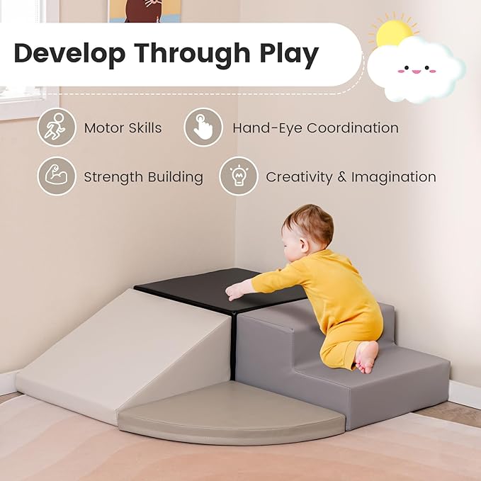 Costzon Climbing Toys for Toddlers, 4 Pieces Climb and Crawl Foam Kids Building Blocks for Children Development & Indoor Active Play, Soft Play Set for Newborn Infant Baby (Black & White & Gray)