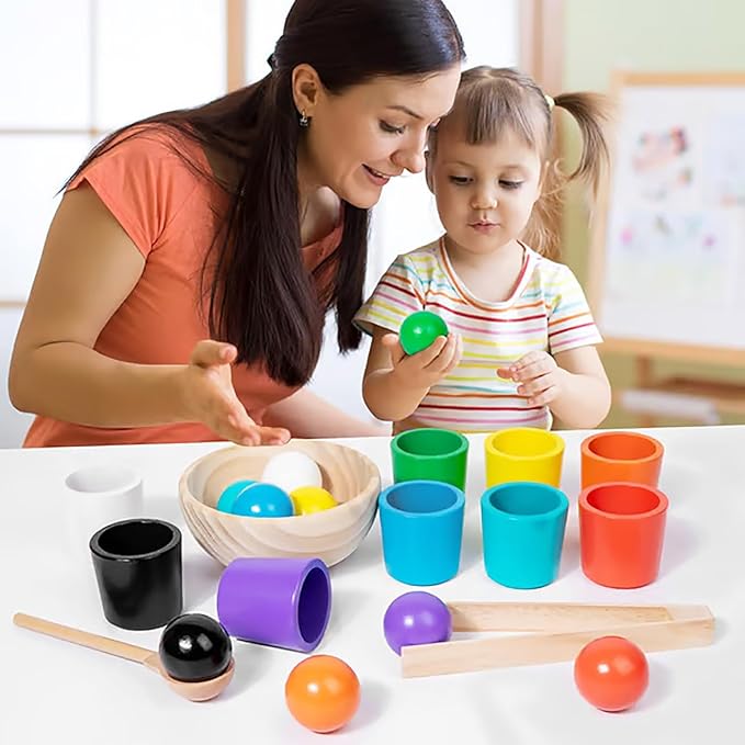 Rainbow Balls in Cups Toddler Toys, Montessori Wooden Color Sorting Toys for Toddlers 1-3, Educational Preschool Learning Game, Fine Motor Skills Montessori Matching Toy for Kids(2pcs)