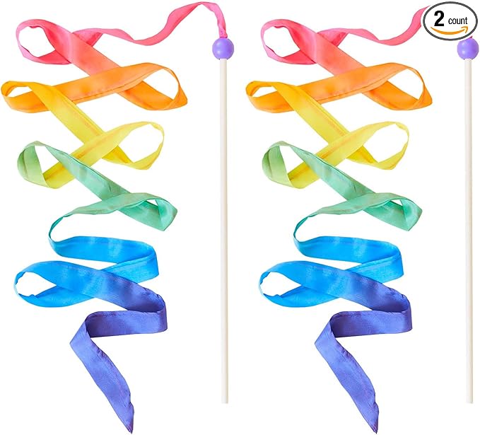 Sarah's Silks Rainbow Streamer - 8' Long Ribbon Wand for Kids, Pretend Play, Dance, Baton Stick Twirling, and Gymnastics Party Favors | 100% Silk and Wood Montessori and Waldorf Toys