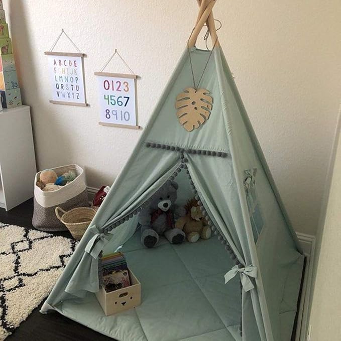 Kids Teepee Tent with White Pom Pom - Indoor Play Teepee for Children Boys Portable Play House (Green)