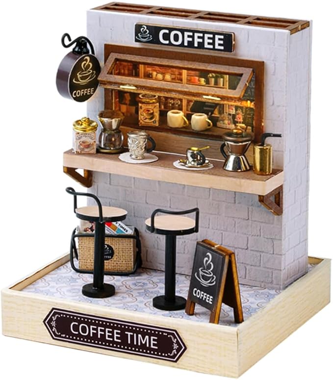 TuKIIE DIY Miniature Dollhouse Kit with Furniture, 1:24 Scale Creative Room Mini Wooden Doll House Plus Dust Proof for Kids Teens Adults(Coffee Time)