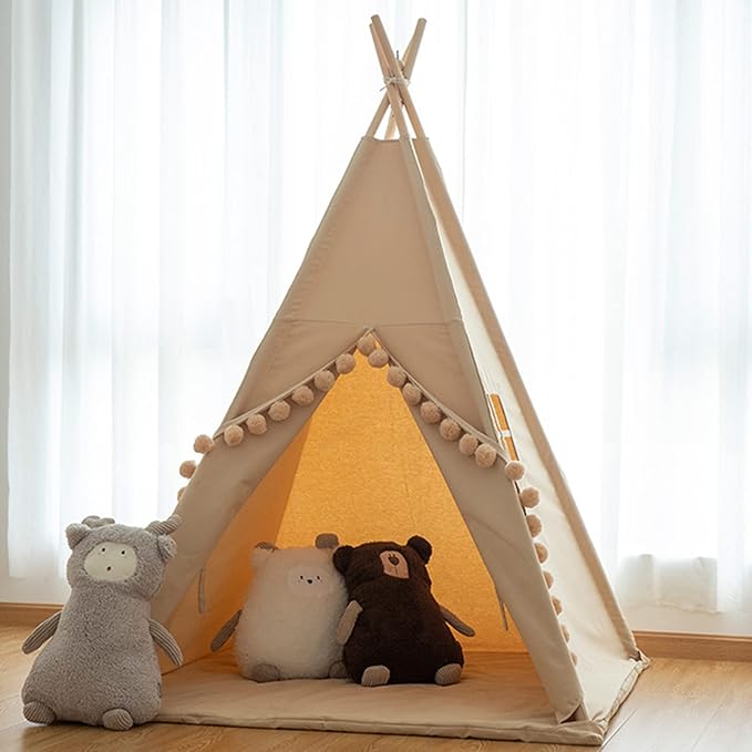 Kids Teepee Tent with Lights &Large Pompoms & Carry Bag, Machine Washable Tent for Kids Indoor, Toddler Teepee for Girls & Boys（Without Mat）
