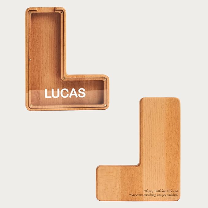 Personalized Wooden Piggy Bank – Custom Letter L Coin Bank in Beech Wood with Clear Acrylic Front, Engraved Name Option, Money Saving Box for Kids and Adults