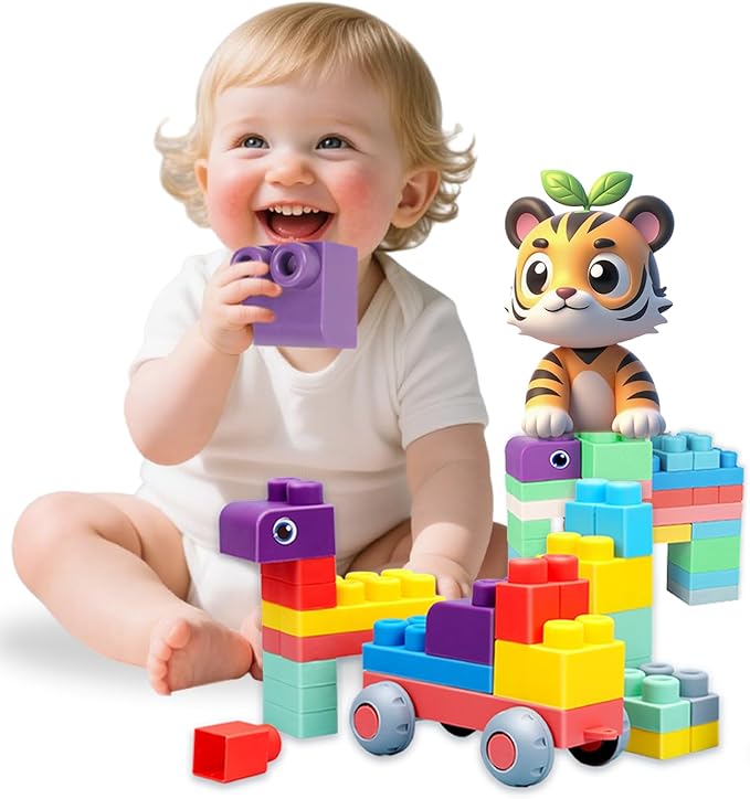 80PCS Soft Building Blocks for Toddlers 1-3， Baby Stacking Toys for Early Learning & Development ， BPA-Free Silicone Blocks for Kids，Safe, Fun, and Educational Baby Toy，Large Soft Blocks