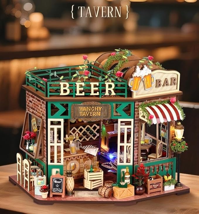 DIY Miniature House Kit, Mini House Building Kit, DIY Book Nook Kit, Tiny Model House for Adults to Build, Beginner 3D Wooden Book Nook, for Family Friends (Tavern)