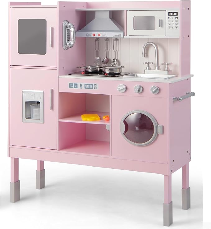 INFANS Kid Kitchen Playset, Toddler Wooden Pretend Cooking Set with Realistic Light & Sound, Stove, Sink, Microwave, Storage Cabinet, Play Kitchen Toy Set for Children Boys Girls