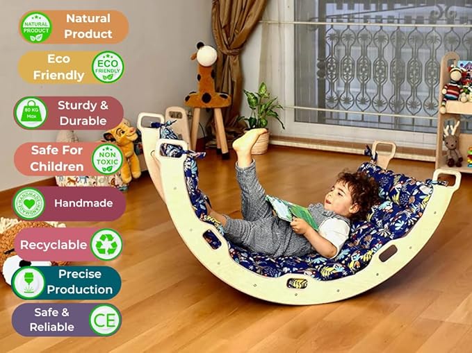 Climbing Arch | Montessori Rocker Arch | Arch with Cosy Pillow | Wooden Climbing Arch with Cushion | Wooden Climbing Arch and Rocker | Indoor Playground Cosy Cushion Rocker (Jungle)