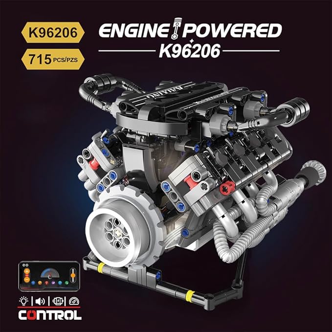 39007 V8 Engine Model Kit, Runnable, Build Your own STEM Visible Mini V8 Engine Model Kit with Lights, Adult and Adolescent Physics Science Experiment Building Block Set (715 Pcs)