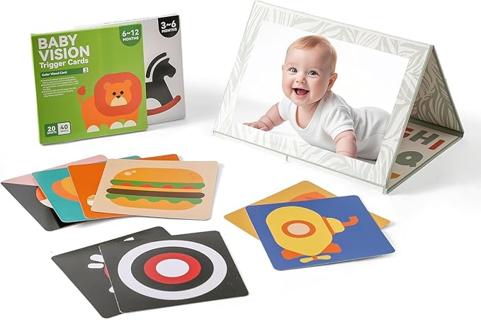 Foldable Tummy Time Play Set (Sturdy Cardboard), Large Baby Safe Mirror and Card Display Stand with 80 Pages High Contrast Cards, Alphabet and Animal Cognition