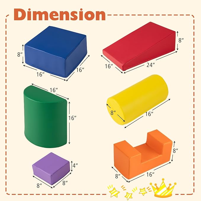Costzon Toddler Climbing Toys, 6 Pieces Climb and Crawl Playset with PU Cover for Baby Crawling, Climbing & Walking, Indoor Foam Climbing Blocks for Toddlers (Rainbow)