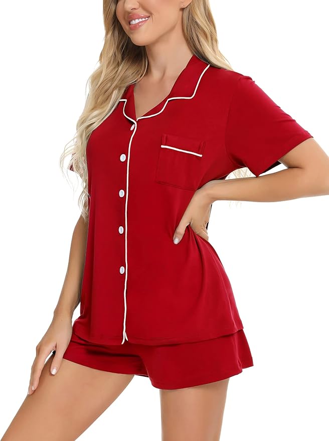 SWOMOG Womens Button Down Pajamas Set Short Sleeve Sleepwear Bride Soft Pj Lounge Sets XS-3XL