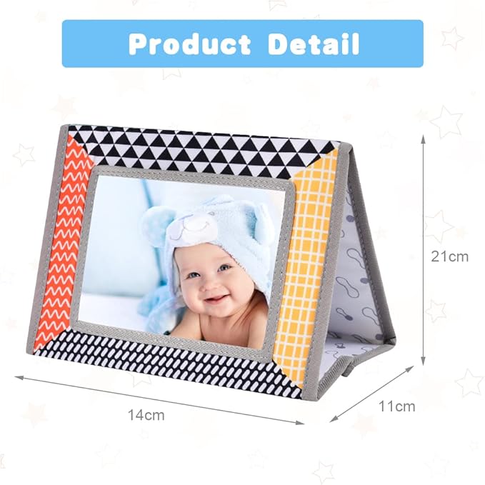 Tummy Time Mirror Baby Toys, High Contrast Crinkle Cloth Book with Teether for 0 3 6 Months Babies Boys Girls, Montessori Newborn Sensory Toys Activity Book for Shower Gifts