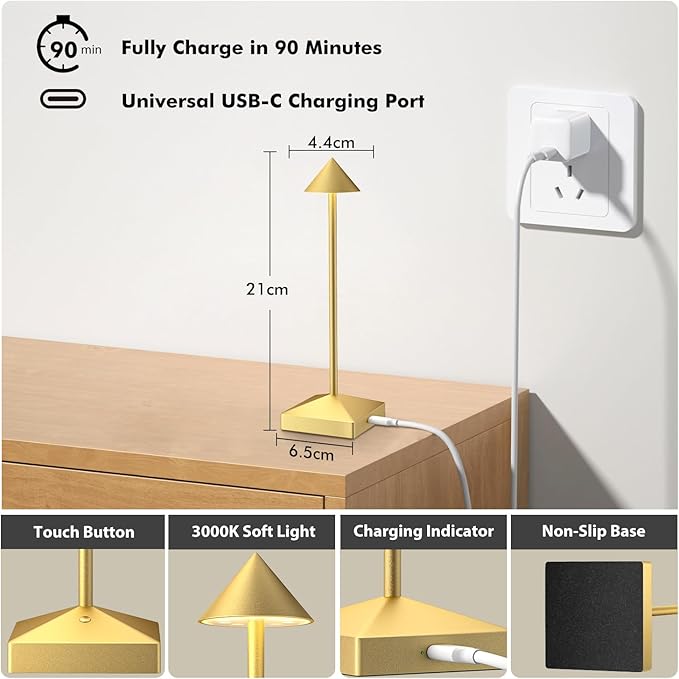3 Pack 8.26in Gold Small Cordless Table Lamps Rechargeable, Battery Operated Mini Lamp, Small Lamp Touch Portable Table Lights, LED Night Light for Bedside/Dining/Bar/Outdoor (Gold-A)