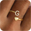 Gold Initial Rings for Women Girls, Dainty 14K Gold Plated Adjustable Initial Rings Cute Heart Zirconia Ring for Women Teen Girl Gifts