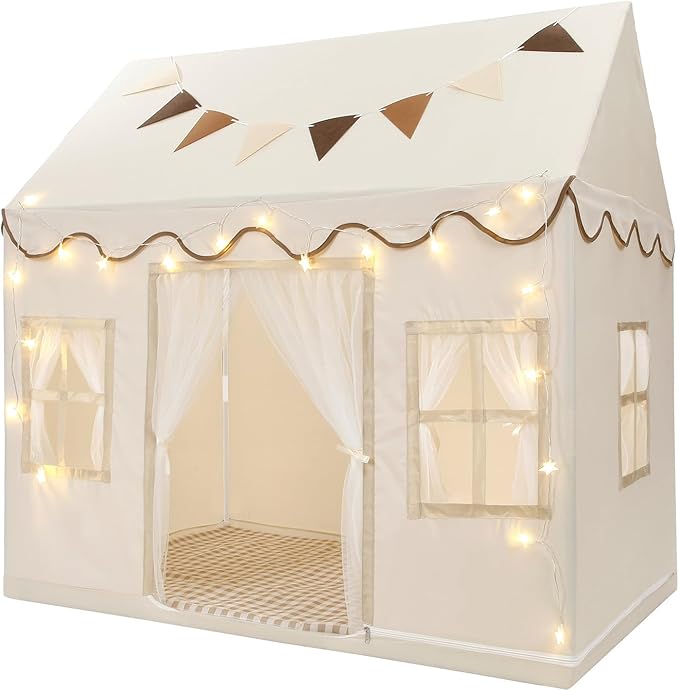 Kids Play Tent, Toddlers Large Playhouse with Mat, Star String, Flag, Machine Washable, Indoor and Outdoor Play Tent for Kids, Girls & Boy Aged 3+, 50" x 34" x 51", Cream