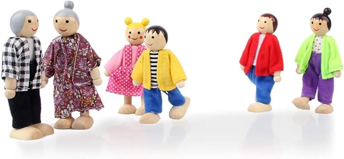 Wooden Dollhouse People, 6 Family Figures Miniature Doll House, Wooden Doll House Family Dress-up Characters Grandpa, Grandma, Mom, Dad, Boy and Girl
