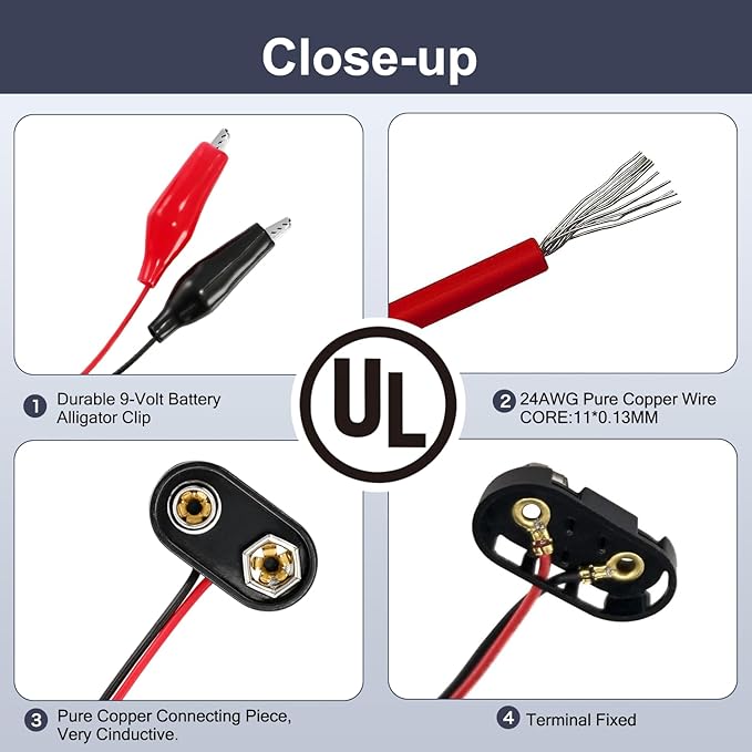 CHANZON UL Wires Battery 9v Alligator Clips Battery Snap in Connector,5 Pcs Plastics T-Type for Arduino LED Strip